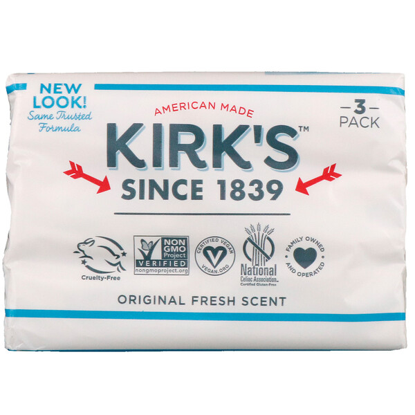 Мягкое кастильское мыло на 100% кокосового масла премиум-класса, оригинальный свежий аромат, 3 бруска по 4 унции (113 г) каждый Kirk's