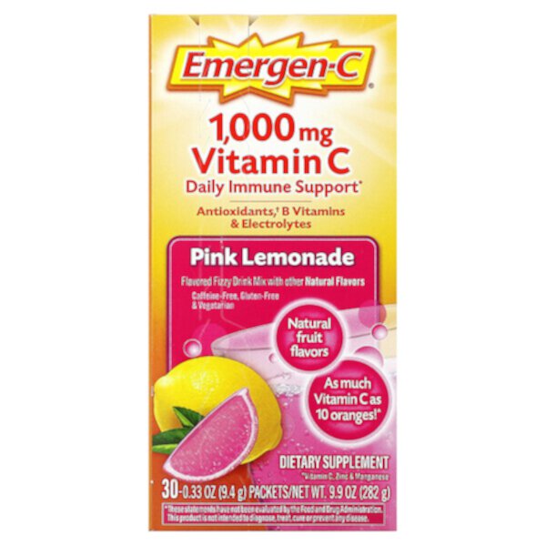 Витамин С, Розовый лимонад, 1000 мг, 30 пакетов по 0,33 унции (9,4 г) каждый Emergen-C