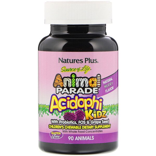 Source of Life, Animal Parade, AcidophiKidz, жевательные таблетки для детей, натуральные ягоды, 90 таблеток в форме животных NaturesPlus