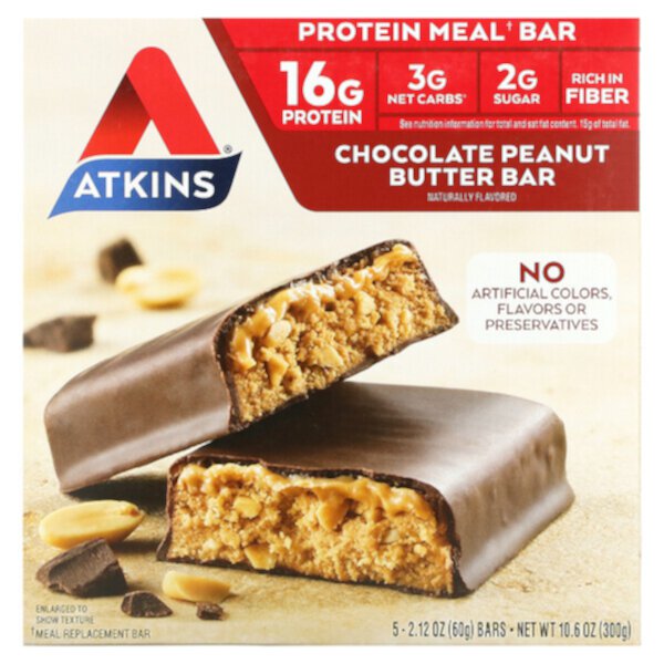 Meal Bar, Шоколадный батончик с арахисовым маслом, 5 батончиков, 2,12 унции (60 г) каждый Atkins