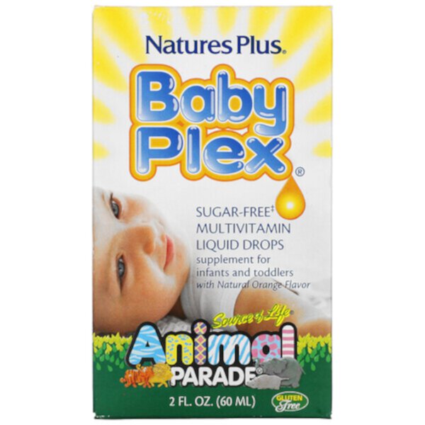 Source of Life, Animal Parade, Baby Plex, мультивитаминные жидкие капли без сахара, натуральный апельсиновый вкус, 2 жидких унции (60 мл) NaturesPlus