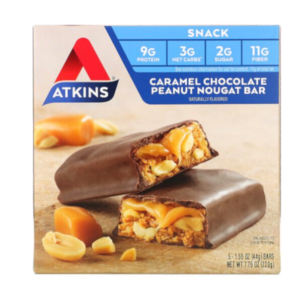 Snack, Карамельно-шоколадный батончик с арахисом и нугой, 5 батончиков по 1,55 унции (44 г) каждый Atkins