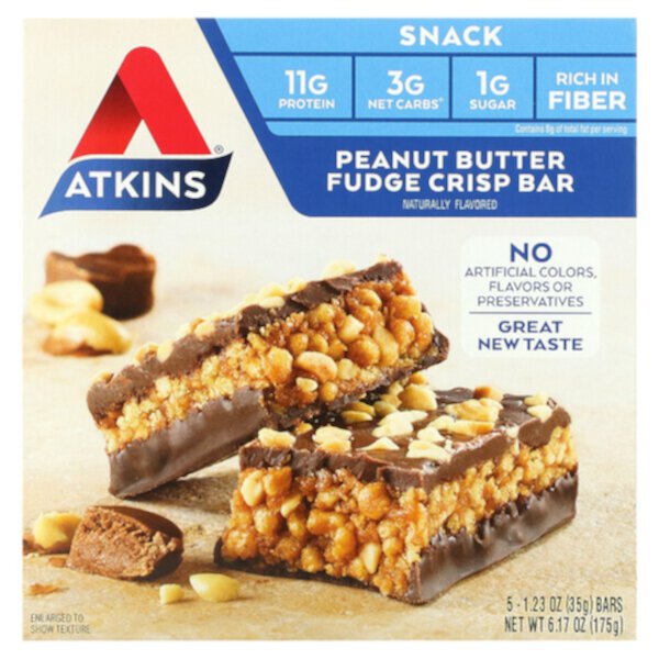 Snack, Хрустящий батончик с арахисовой помадкой, 5 батончиков, 1,23 унции (35 г) каждый Atkins
