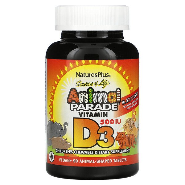 Source of Life, Animal Parade, витамин D3, черная вишня, 500 МЕ, 90 таблеток в форме животных NaturesPlus