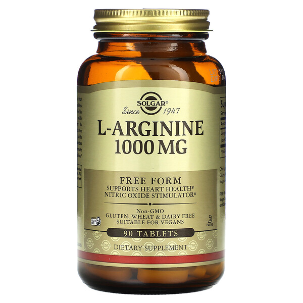 L-аргинин, в свободной форме, 1000 мг, 90 таблеток Solgar