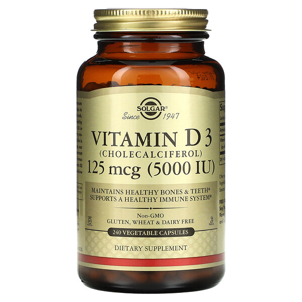 Витамин D3 (холекальциферол), 125 мкг (5000 МЕ), 240 растительных капсул Solgar