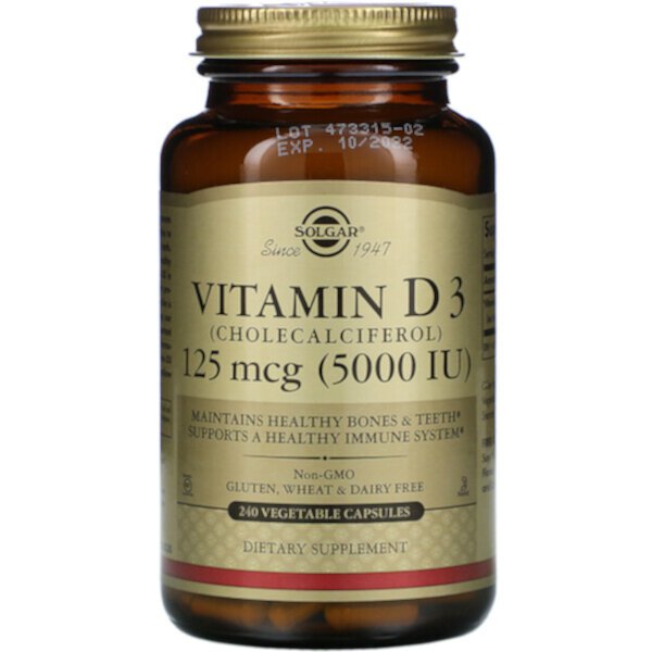 Витамин D3 (холекальциферол), 125 мкг (5000 МЕ), 240 растительных капсул Solgar