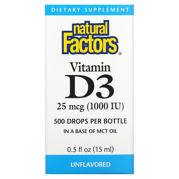 Витамин D3, Безвкусный - 25 мкг (1000 МЕ) - 15 мл - Natural Factors Natural Factors