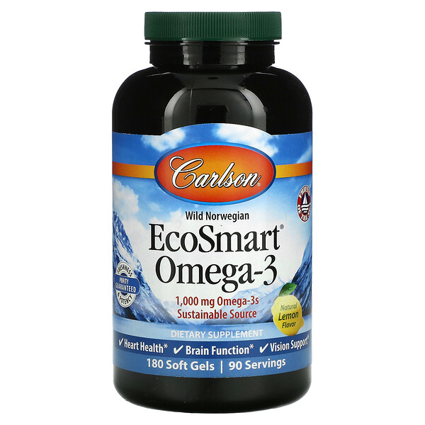 EcoSmart Omega-3, Натуральный лимон, 1000 мг, 180 мягких капсул (500 мг на капсулу) - Carlson Carlson