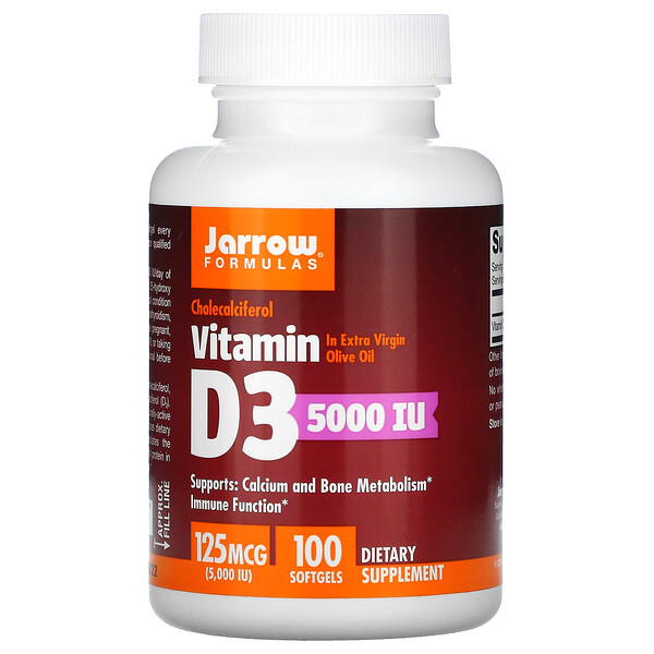 Витамин D3, холекальциферол, 125 мкг (5000 МЕ), 100 мягких таблеток Jarrow Formulas