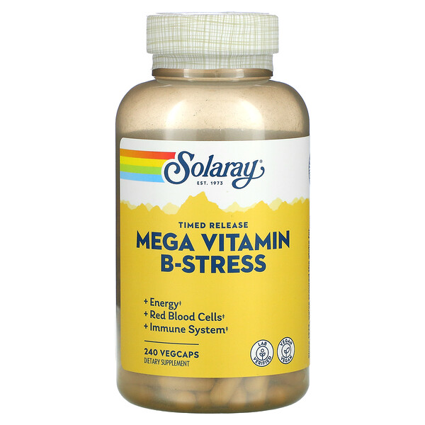 Mega Vitamin B-Stress, высвобождение по времени, 240 растительных капсул Solaray