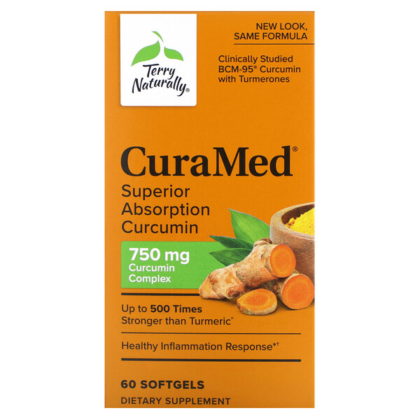 CuraMed, Усиленное Усвоение Куркумина, 750 мг, 60 мягких капсул - Terry Naturally Terry Naturally