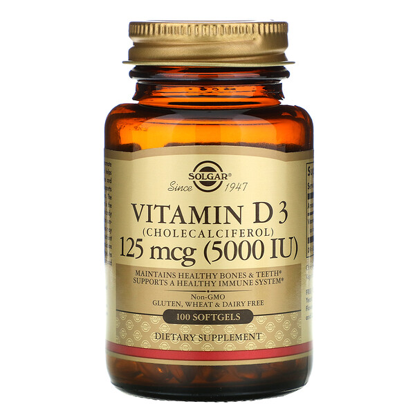 Витамин D3 (холекальциферол), 125 мкг (5000 МЕ), 100 мягких таблеток Solgar