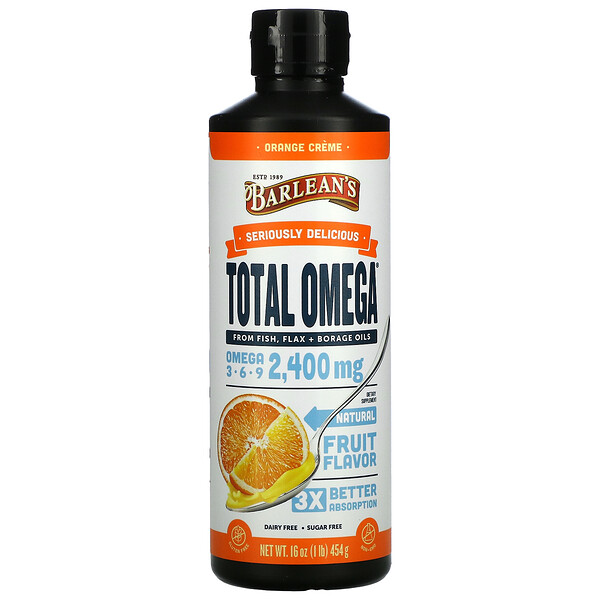 Total Omega 3 · 6 · 9, апельсиновый крем, 2400 мг, 16 унций (454 г) Barlean's