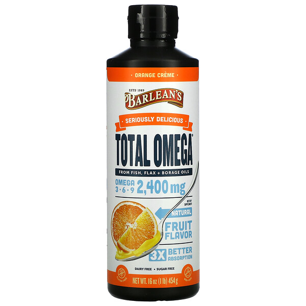 Total Omega 3 · 6 · 9, Orange Creme, 2,400 mg, 16 oz (Унции) (454 g) Barlean's