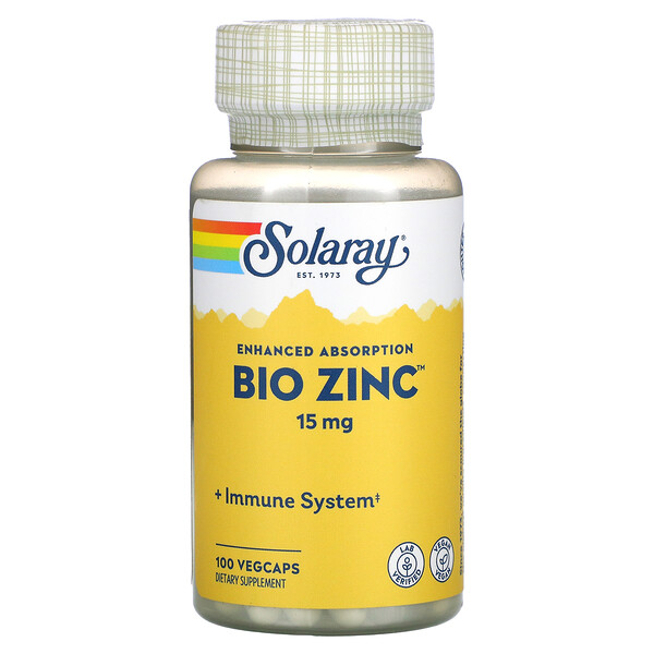 Биоцинк, 15 мг, 100 растительных капсул Solaray
