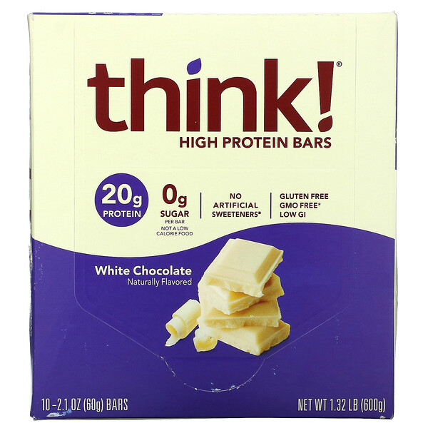 Батончики с высоким содержанием белка, Белый шоколад, 10 батончиков, 2,1 унции (60 г) каждый Think!