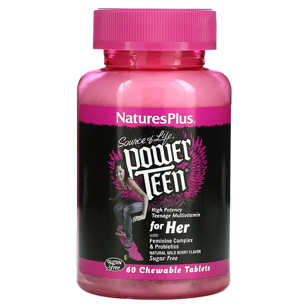 Source of Life, Power Teen, For Her, без сахара, натуральный вкус лесных ягод, 60 жевательных таблеток NaturesPlus