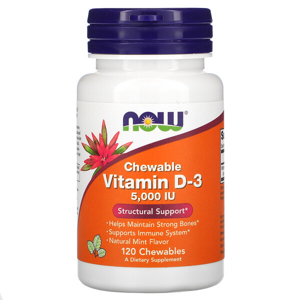 Жевательный витамин D-3, натуральная мята, 5000 МЕ, 120 жевательных таблеток NOW Foods
