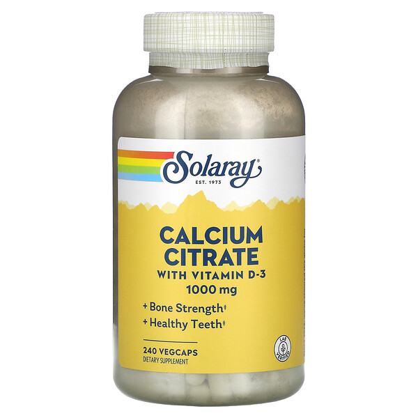 Цитрат кальция с витамином D-3, 1000 мг, 240 растительных капсул (250 мг на капсулу) Solaray