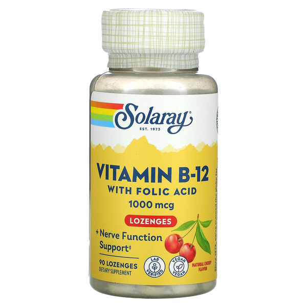 Витамин B-12 с фолиевой кислотой, натуральная вишня, 1000 мкг, 90 пастилок Solaray