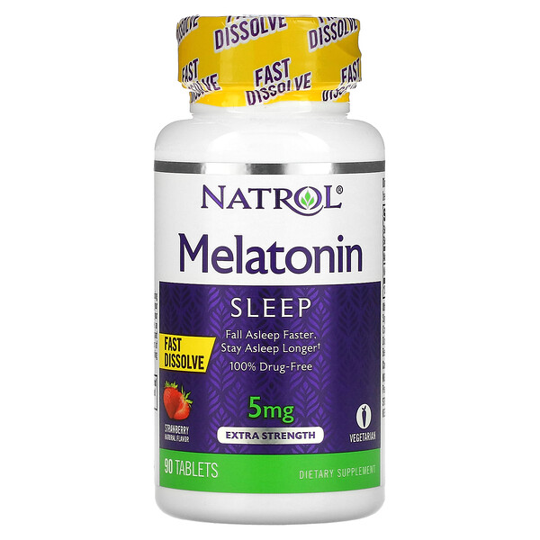 Melatonin, Fast Dissolve, Extra Strength, клубника, 5 мг, 90 таблеток Natrol