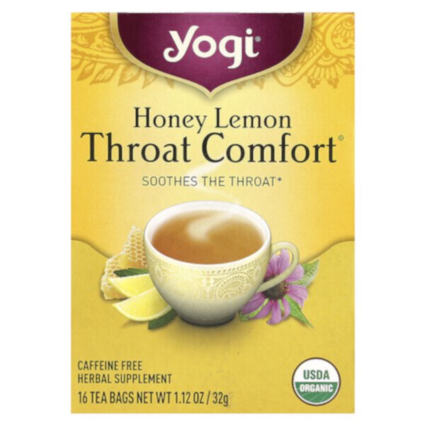 Throat Comfort, Медово-лимонный, без кофеина, 16 чайных пакетиков, 1,12 унции (32 г) Yogi