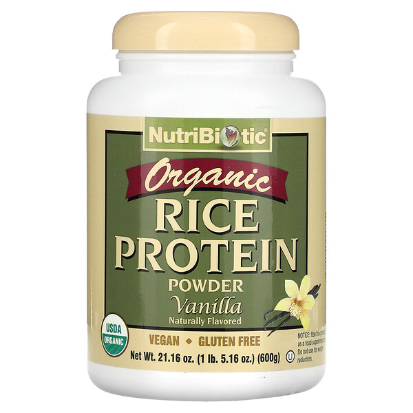 Сырой органический рисовый протеин, ваниль, 1,3 фунта (600 г) NutriBiotic