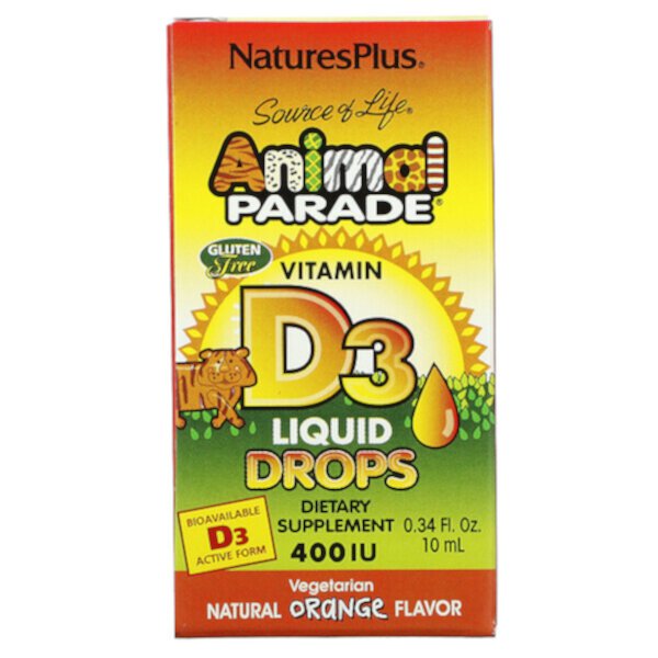 Source of Life, Animal Parade, жидкие капли с витамином D3, натуральный апельсин, 400 МЕ, 0,34 ж. унц. (10 мл) NaturesPlus