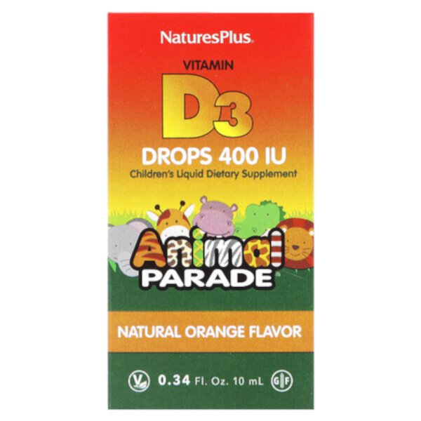 Source of Life, Animal Parade, жидкие капли с витамином D3, натуральный апельсин, 400 МЕ, 0,34 ж. унц. (10 мл) NaturesPlus