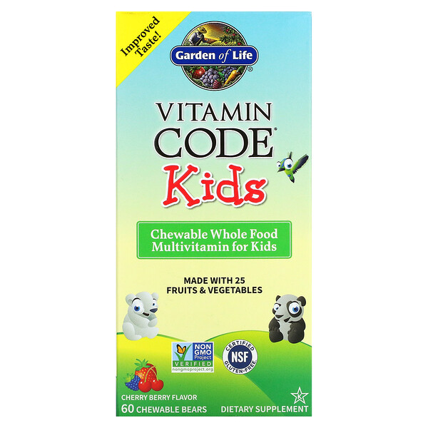Vitamin Code Kids, Жевательные мультивитамины из цельных продуктов, ягоды вишни, 60 жевательных мишек Garden of Life