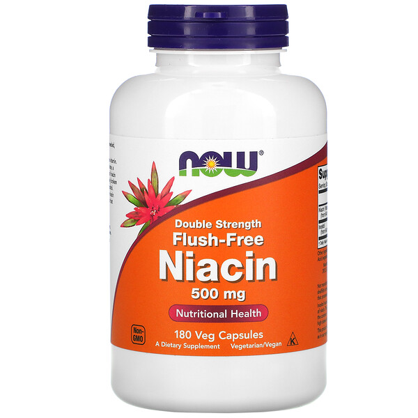 Ниацин, Без Покраснения, Двойная Сила, 500 мг, 180 Вегетарианских Капсул - NOW Foods NOW Foods