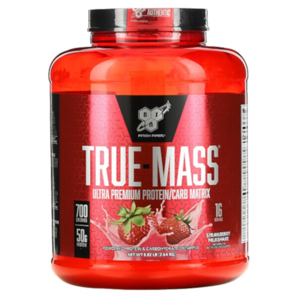 True-Mass, Ultra Premium Protein/Carb Matrix, клубничный молочный коктейль, 5,82 фунта (2,64 кг) BSN