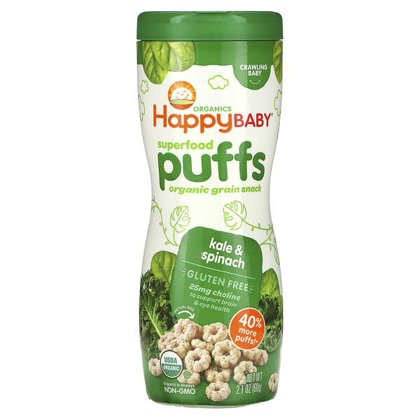 Superfood Puffs, Органическая зерновая закуска, капуста и шпинат, 2,1 унции (60 г) Happy Family Organics