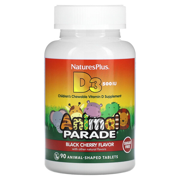 Source of Life, Animal Parade, витамин D3, без сахара, натуральная черная вишня, 12,5 мкг (500 МЕ), 90 таблеток в форме животных NaturesPlus
