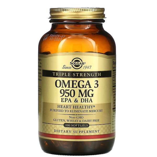Омега-3, ЭПК и ДГК, тройная сила, 950 мг, 100 мягких таблеток Solgar