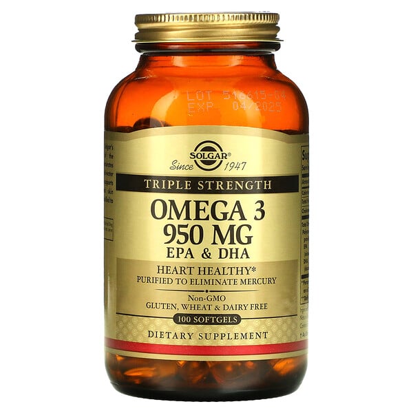 Омега-3, ЭПК и ДГК, тройная сила, 950 мг, 100 мягких таблеток Solgar