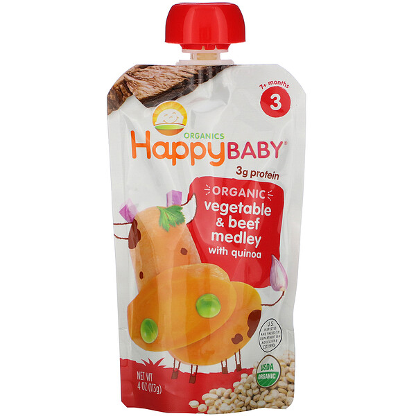 Happy Baby, Stage 3, органическая смесь овощей и говядины с киноа, от 7 месяцев, 4 унции (113 г) Happy Family Organics