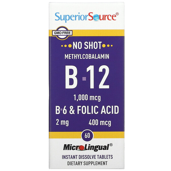 Метилкобаламин B-12, B-6 и Фолиевая кислота - 1000 мкг - 60 микротаблеток - Superior Source Superior Source