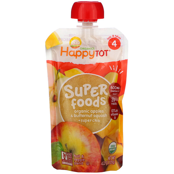 Happy Tot, Superfoods, Stage 4, органические яблоки и мускатная тыква + суперчиа, 4,22 унции (120 г) Happy Family Organics