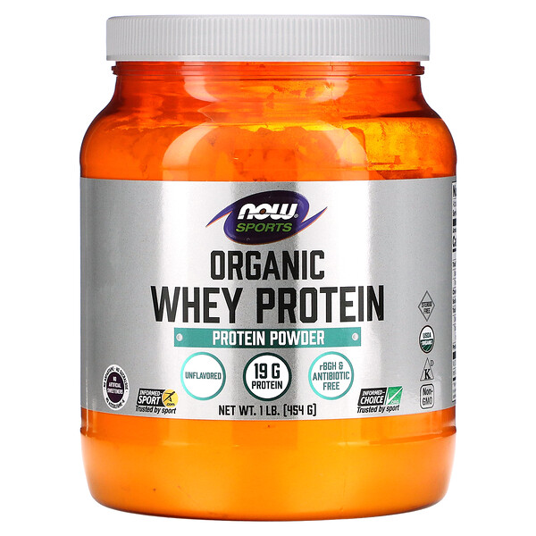 Sports, Органический сывороточный протеин, натуральный, без вкуса, 1 фунт (454 г) NOW Foods