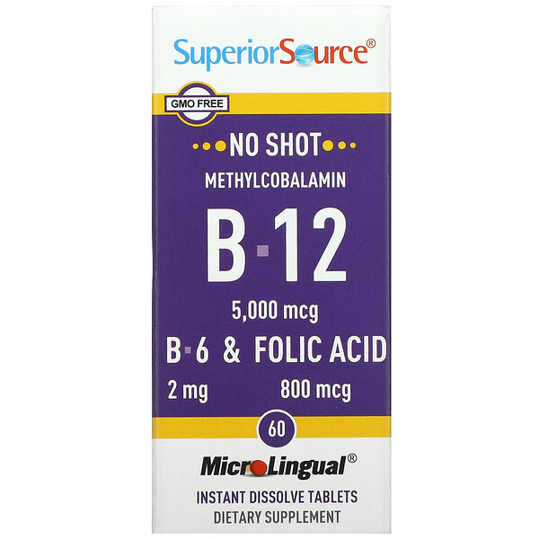 Метилкобаламин B-12, B-6 и Фолиевая кислота - 5000 мкг - 60 микротаблеток для рассасывания под языком - Superior Source Superior Source