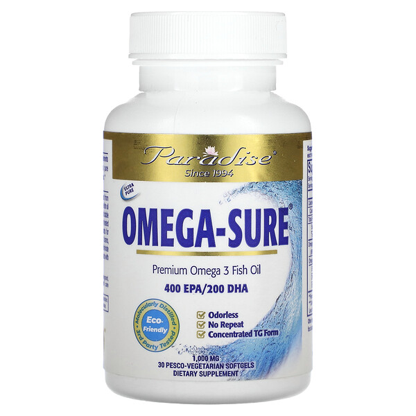 Omega Sure, Премиум Омега-3 Рыбий Жир - 1000 мг - 30 Песко Вегетарианских Мягких Капсул - Paradise Herbs Paradise Herbs