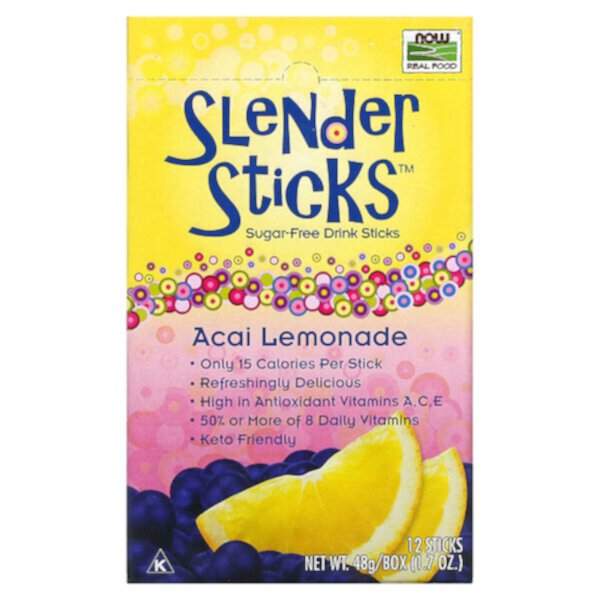 Real Food, Slender Sticks, лимонад асаи, 12 стиков по 0,14 унции (4 г) каждый NOW Foods
