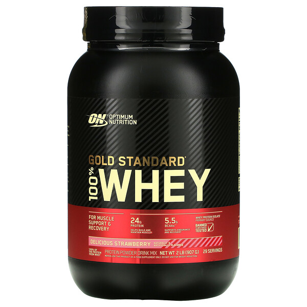 Gold Standard 100% Whey, Вкусная клубника, 2 фунта (907 г) Optimum Nutrition