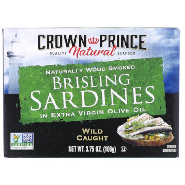 Brisling Sardines, в оливковом масле Extra Virgin, 3,75 унции (106 г) Crown Prince Natural