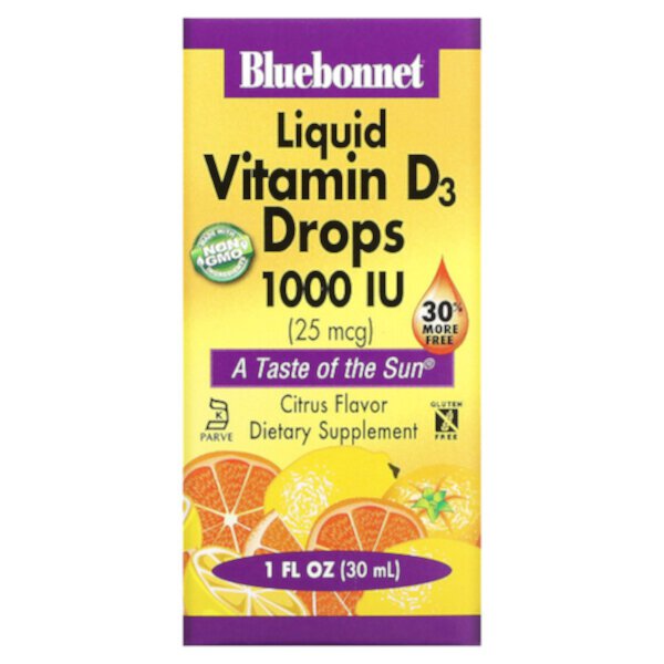 Жидкий витамин D3 в каплях, натуральный цитрусовый вкус, 1000 МЕ, 1 жидкая унция (30 мл) Bluebonnet Nutrition