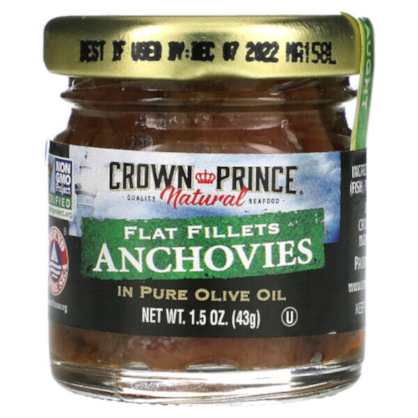 Анчоусы, плоское филе, в чистом оливковом масле, 1,5 унции (43 г) Crown Prince