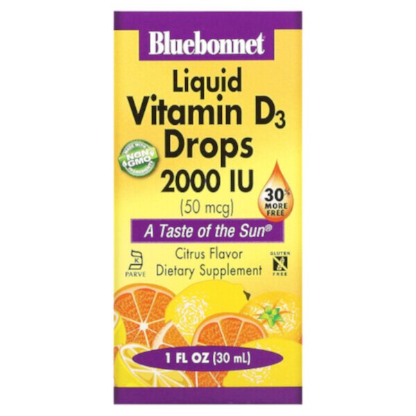 Жидкий витамин D3 в каплях, натуральный цитрусовый вкус, 2000 МЕ, 1 жидкая унция (30 мл) Bluebonnet Nutrition