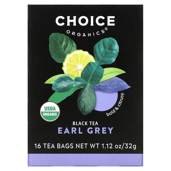 Черный чай, Earl Grey, 16 чайных пакетиков, 1,12 унции (32 г) Choice Organics